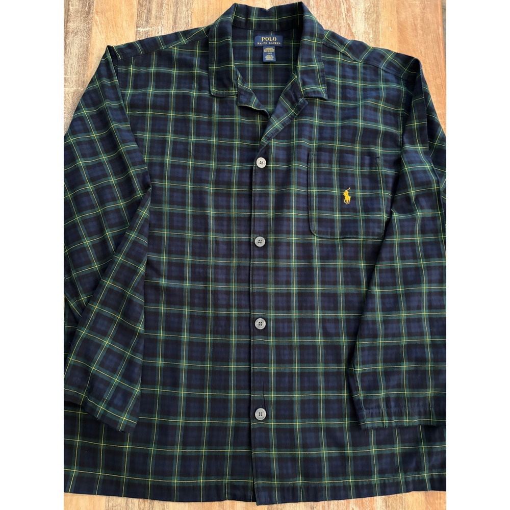 Polo Ralph Lauren Mens Plaid Pajama Shirt Blue Green Yellow Cotton Top Large